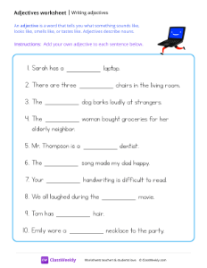 Writing Adjectives - Laptop | Grammar Worksheet