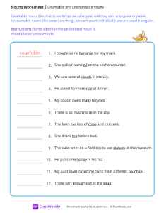 Countable and uncountable nouns - Banana | Grammar Worksheet