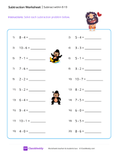 Subtract within 0-10 - Love | Math Worksheet