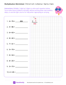 Mental math: Multiplying 1 digit by 2 digits - Chill Ice Cream | Math Worksheet