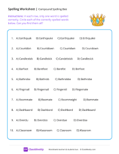 Compound spelling bee - Crown | Reading & Writing Worksheet