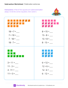 Subtraction sentences - Bonfire | Math Worksheet