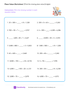 Find the missing place value (4-digits) - Rabbit | Math Worksheet