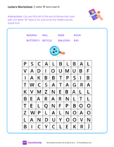 Letter B word search - Swipe | Reading & Writing Worksheet