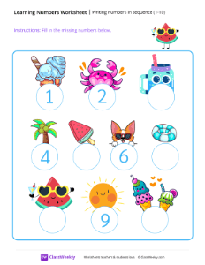 Writing Numbers in Sequence 1-10 - Watermelon Shades | Math Worksheet