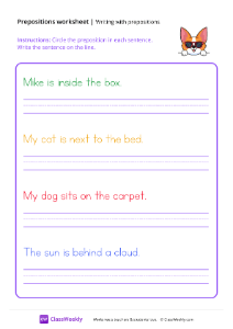 Identifying & Writing Prepositions - Dog Shades | Grammar Worksheet