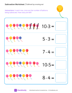 Subtract by crossing out - Balloon | Math Worksheet