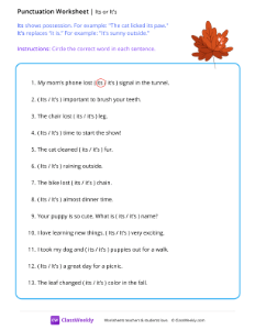 Its vs It's - leaf | Grammar Worksheet