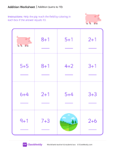 Addition Maze (Sums to 10) - Pig | Math Worksheet