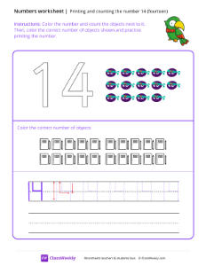 Count and Print (14) - Green Bird | Math Worksheet