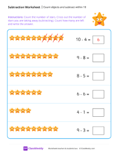 Count objects and subtract within 10 - Star | Math Worksheet