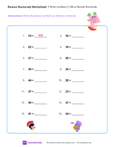 Write numbers (1-50) as Roman Numerals - Caesar | Math Worksheet