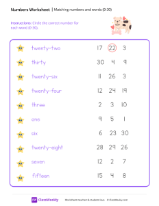 Numbers and Words (0-30) - Love pup | Math Worksheet