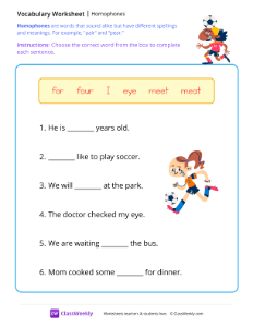 Homophones - Soccer | Reading & Writing Worksheet