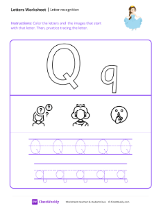 Letter Recognition (Q) - Queen | Reading & Writing Worksheet