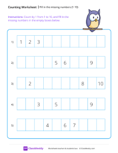 Fill in the missing numbers (1-10) - Owl | Math Worksheet