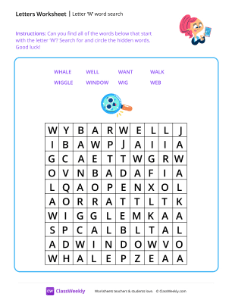 Letter W word search - Typing | Reading & Writing Worksheet