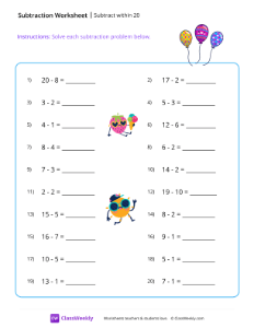 Subtract within 20 - Balloons | Math Worksheet