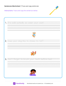 Trace and copy sentences - Toothbrush | Reading & Writing Worksheet