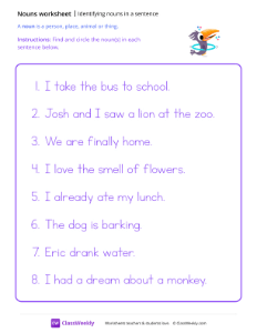 Identifying nouns in a sentence - Toucan | Grammar Worksheet