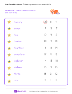 Numbers and Words (0-20) - Sleepy Pup | Math Worksheet