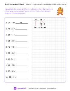 Subtract a 2-digit number from a 2-digit number (no borrowing) - Duck | Math Worksheet