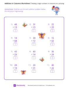 Adding 2-digit numbers in columns (no carrying) - Space Explorer | Math Worksheet