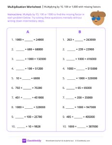 Multiplying by 10, 100 or 1,000 with missing factors - Cool Nut | Math Worksheet