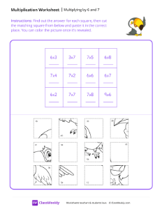 Multiply by 6 and 7 - Happy Toucan | Math Worksheet