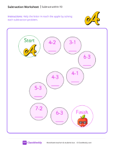 Subtract within 10 - Grade A | Math Worksheet