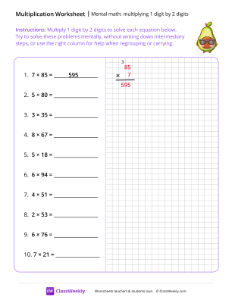 Mental Math: Multiplying 1 digit by 2 digits - Tough Avocado | Math Worksheet