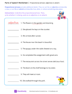 Prepositional phrase (adjective or adverb) - Bike | Grammar Worksheet