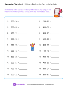 Subtract a 2-digit number from whole hundreds - Checklist | Math Worksheet