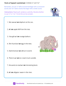 Articles 'a' and 'an' - Elephant | Grammar Worksheet