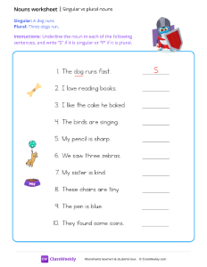 Singular vs plural nouns - Knight | Grammar Worksheet