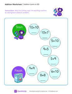 Addition maze (sums to 20) - Clothes | Math Worksheet