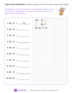 Subtract a 2-digit number from a 2-digit number (no borrowing) - Robot Clown | Math Worksheet