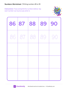 Writing numbers 86 to 90 - Globe | Math Worksheet