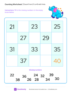 Count from 21 to 40 with hints | Math Worksheet