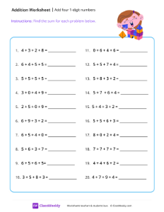 Adding 4 numbers - Fun | Math Worksheet