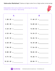 Two Digit Subtraction - Glove | Math Worksheet