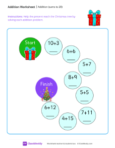 Addition maze (sums to 20) - Gift | Math Worksheet