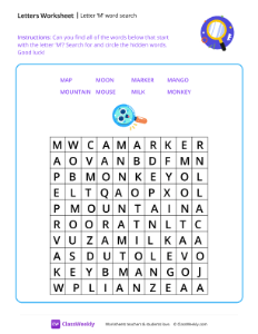 Letter M word search - Big Magnifying Glass | Reading & Writing Worksheet