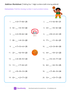 Adding 4 numbers with missing addend - Basketball | Math Worksheet