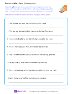 Comma Splices - Chess Cat | Reading & Writing Worksheet