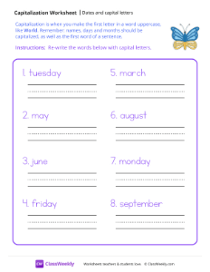 Dates and Capital Letters - Blue and Yellow Butterfly | Reading & Writing Worksheet