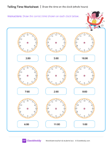 Draw the time on the clock (whole hours) - Finish | Math Worksheet