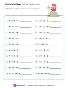 Adding 4 numbers - Work | Math Worksheet