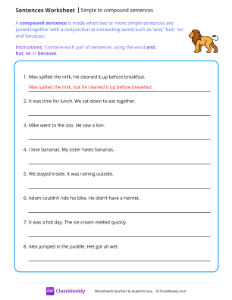 Simple to compound sentences - Lion | Reading & Writing Worksheet