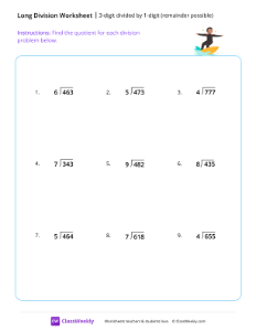 3-digit divided by 1-digit (remainder possible) - Surfing | Math Worksheet